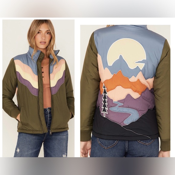Cleo + Wolf Jackets & Blazers - Cleo + Wolf Women's Rising Sun Color Block Puffer Jacket Mountain Boho Size XL